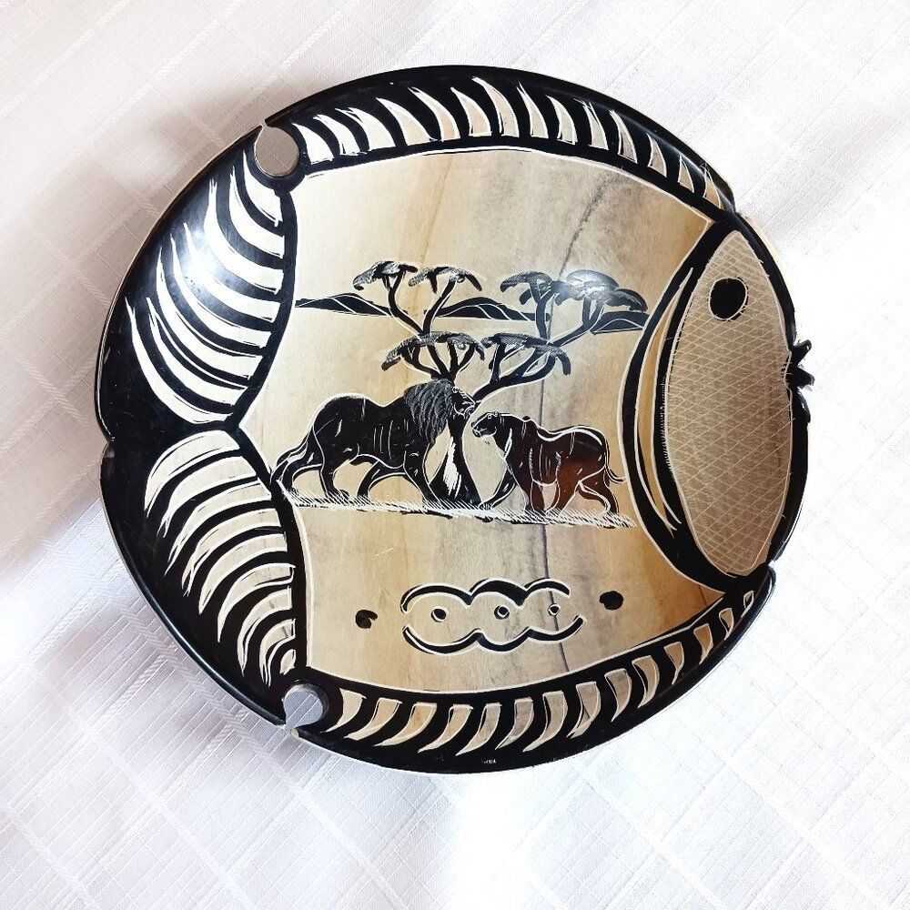 Hand Painted Hand Carved African Stone Bowl w Fish & Lion Scenes…